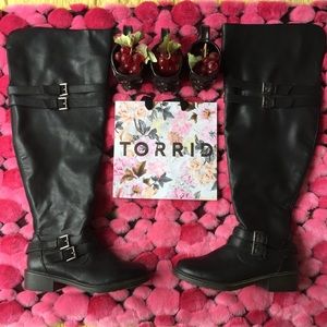 Torrid Black Over the Knee Buckle Strap Boots 9.5W